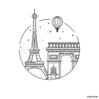 Picture of Round the emblem of the city of Paris drawn in a linear style depicting a vector of the landmark of the capital of France